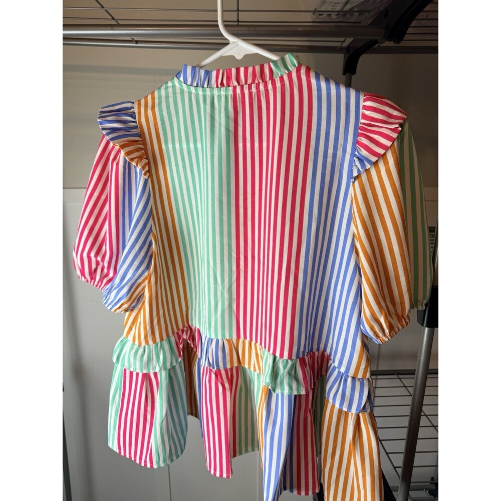 THML Women's Multicolor Striped V-Neck Puff Sleeve Ruffle Peplum Blouse S - Picture 4 of 5